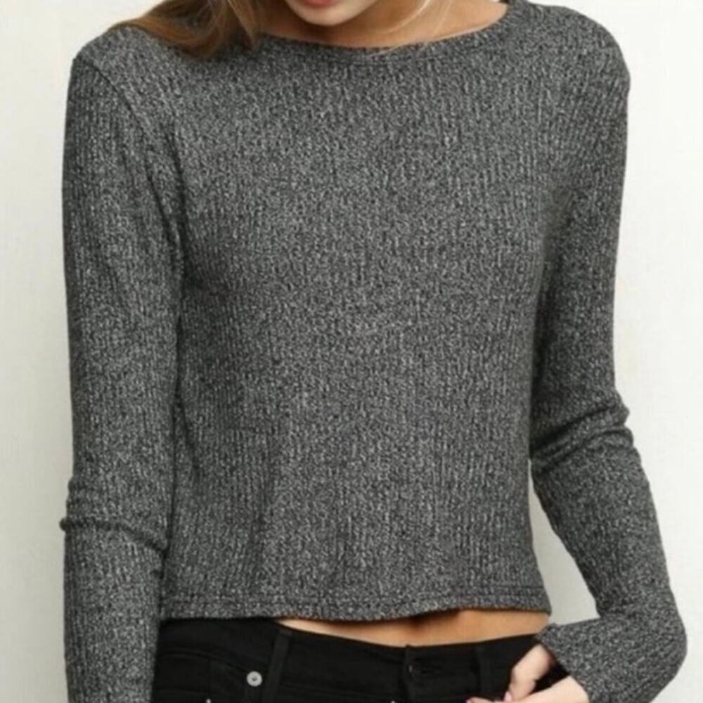 American Eagle Gray Ribbed Knit Top Long Sleeve Stretch Medium